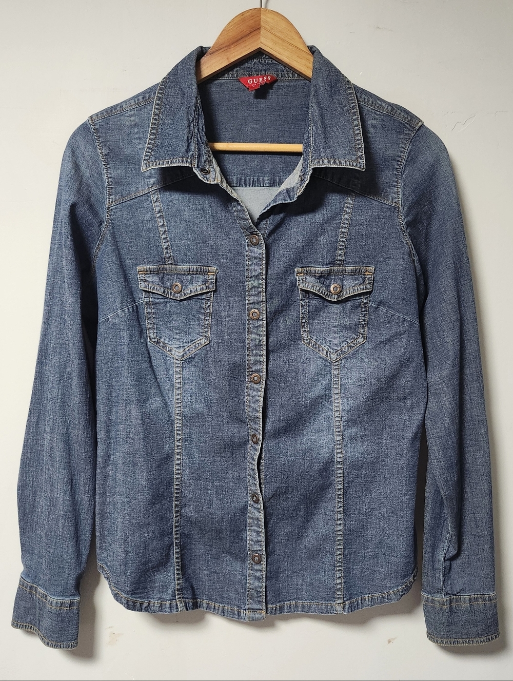 Guess Dark Denim Blue Stretch Long Sleeve Boho Western Shirt Top L Jr